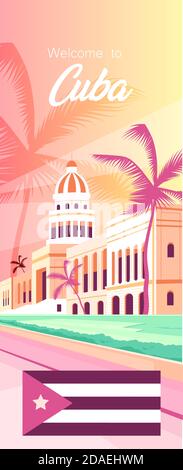 Cuba famose attrazioni turistiche poster modello vettoriale piatto Illustrazione Vettoriale