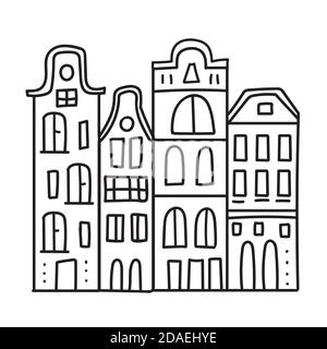 Case disegnate a mano di Amsterdam in stile doodle. Tratto nero. Semplice illustrazione vettoriale isolata su sfondo bianco Illustrazione Vettoriale