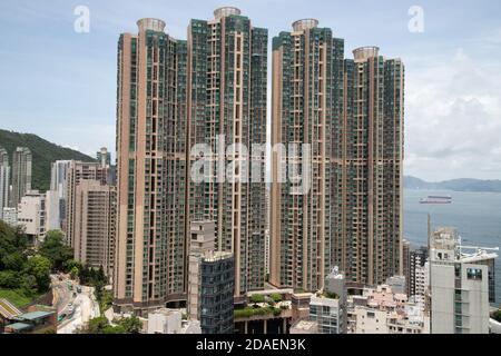 Paesaggio urbano di edifici intorno a Sai Ying Pun, Isola di Hong Kong Foto Stock