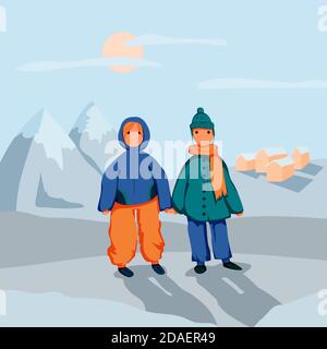 Felici i bambini vestiti calorosamente in vacanza in montagna d'inverno Illustrazione Vettoriale