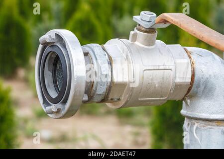 Rubinetto d'acqua da giardino per annaffiatura o per irrigazione di piante agricole in campi. Foto Stock