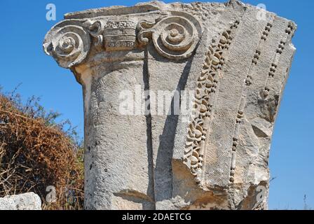 Primo piano di una colonna di marmo ionico nelle rovine dell'antica città di Perge, vicino ad Antaliya, Turchia. Foto Stock