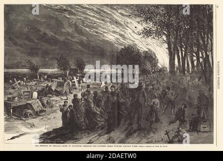 Illustrazione di Harper's Weekly con rifugiati a Lincoln Park durante il fuoco di Chicago del 1871. Foto Stock