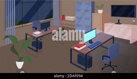 Open space Office di notte immagine vettoriale a colori piatto Illustrazione Vettoriale