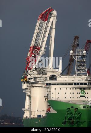 Rostock, Germania. 12 Nov 2020. La nave speciale "Orion" si trova con la gru offshore distrutta a bordo nel porto marittimo, il braccio rotto è parzialmente smantellato. Secondo Liebherr, il recupero della gru pesante danneggiata all'inizio di maggio procede secondo il piano. La gru sarà riassemblata nel corso del prossimo anno. Diversi componenti, compreso il braccio della gru lungo 145 metri, dovranno essere ricostruiti. Credit: Bernd Wüstneck/dpa-Zentralbild/dpa/Alamy Live News Foto Stock