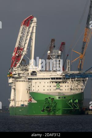 Rostock, Germania. 12 Nov 2020. La nave speciale "Orion" si trova con la gru offshore distrutta a bordo nel porto marittimo, il braccio rotto è parzialmente smantellato. Secondo Liebherr, il recupero della gru pesante danneggiata all'inizio di maggio procede secondo il piano. La gru sarà riassemblata nel corso del prossimo anno. Diversi componenti, compreso il braccio della gru lungo 145 metri, dovranno essere ricostruiti. Credit: Bernd Wüstneck/dpa-Zentralbild/dpa/Alamy Live News Foto Stock