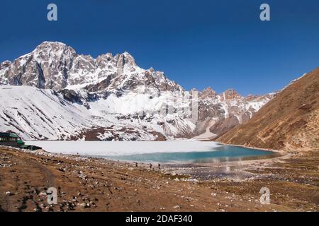 Incredibile lago blu Gokio sotto ghiaccio e neve, Nepal, Himalaya Foto Stock