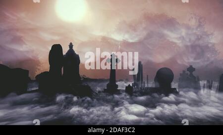 Un cimitero gotico splendidamente spooky al mattino presto/sera con nebbia misteriosa. Foto Stock