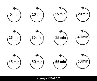 Timer dei minuti con icone a freccia impostate. Da 5 a 60 minuti di tempo di cottura simboli isolati su bianco Illustrazione Vettoriale