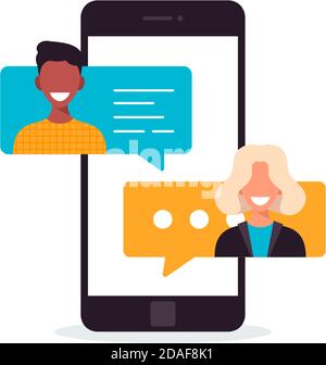 Persone che chiacchierano su dispositivi mobili. Concetto di comunicazione multiculturale. Notifica tramite chat al telefono, messaggi sullo schermo con avatar. Vignetta piatta Vect Illustrazione Vettoriale