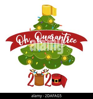 OH, Qurantree (albero di Natale) Merry quarantena natale 2020 - carino albero di Natale doodle disegno con testo per i tempi di auto isolamento. Xmas decoratio Illustrazione Vettoriale