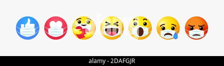 Emoji sorriso faccia con guardia bocca maschera. Set di icone di emoticon 3D gialle con una maschera chirurgica bianca. Reazioni dei commenti della chat sui social media: Come, amore Illustrazione Vettoriale