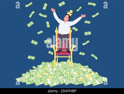 Uomo d'affari riuscito con la corona sul palo del concetto piatto di soldi illustrazione vettoriale Illustrazione Vettoriale