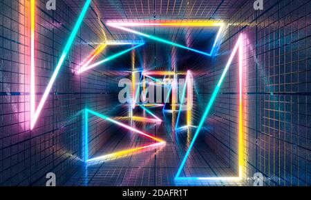 luci al neon multicolore forme geometriche e triangoli in tunnel di cemento, sfondo futuristico astratto. rendering 3d. Foto Stock