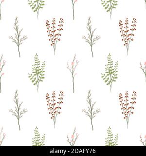 Motivo floreale senza cuciture con foglie verdi, fioritura ciliegia, ramoscello rosso. Ornamento tessile. Fiori fioriti primaverili. Illustrazione Vettoriale