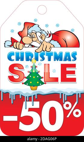 Babbo Natale mostra su uno sconto festivo - l'etichetta figura della vendita di Natale. Vettore Illustrazione Vettoriale