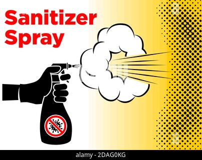 Spray disinfettante antibatterico spray, dispenser di igienizzante per le mani, concetto di controllo delle infezioni. Disinfettante per prevenire raffreddori, virus, coronavirus, influenza. VEC Illustrazione Vettoriale