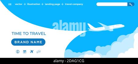 Vendita biglietti aerei - modello pagina di destinazione. Cielo scenario sfondo - cielo blu scuro, nuvole, aerei volanti, icone sito web. Illustrazione vettoriale Illustrazione Vettoriale