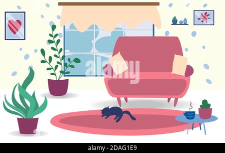 Design interno soggiorno con gatto dormiente e sedie mobili, cuscini, pianta e tavolo con coppa. Illustrazione Vettoriale