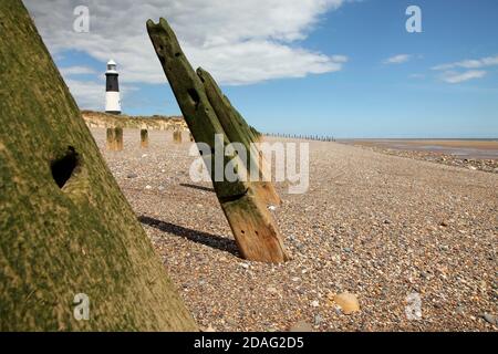 Difesa del mare di legno e faro di ritorno a Spurn Point, vicino a Kilnsea, East Yorkshire, Regno Unito. Foto Stock