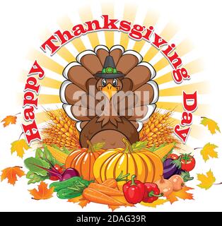 Happy Thanksgiving Day - biglietto d'auguri con tacchino, raccolto di verdure e foglie d'autunno Illustrazione Vettoriale