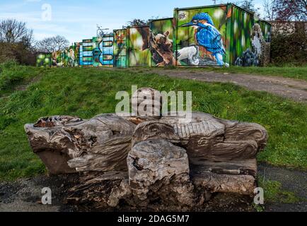 Bizzarre opere d'arte sulla fauna selvatica urbana sui contenitori per spedizioni, Calders Community Park, Wester Hailes, Edimburgo, Scozia, Regno Unito Foto Stock