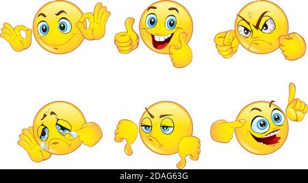 Faccina sorridente o emoticon insieme vettoriale con espressioni facciali - Illustrazione faccia antropomorfa, Occhiali, volto antropomorfo, pianto, Anth Illustrazione Vettoriale