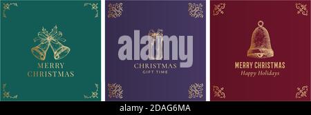 Allegro Natale Abstract Vector Classy Set di etichette, segni o carte. Campane d'oro disegnate a mano e scatola regalo con nastri Silhouette schizzo Illustrazione Vettoriale