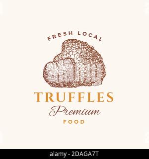 Simbolo di astratto, simbolo o modello di logo Premium Food. Funghi al tartufo disegnati a mano con tipografia. Pianta commestibile Vector Emblem Concept. Isolato Illustrazione Vettoriale