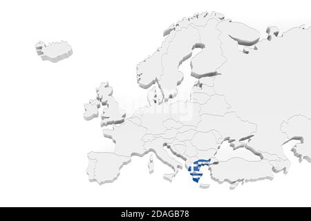 Mappa 3D Europa con confini marcati - area della Grecia Contrassegnato con bandiera dell'isola della Grecia - isolato su sfondo bianco Con spazio per il testo - illustratore 3D Foto Stock