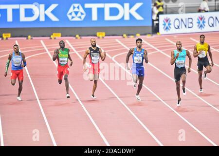 Steven Gardiner (BAH, oro), Anthony José Zambrano (col, argento) Fred Kerley (USA, bronzo). 400 metri. IAAF World Athletics Championships, Doha 2019 Foto Stock