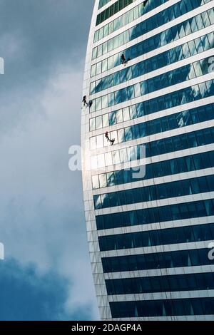 Alti lavoratori lavano le finestre sulla cima di un edificio in vetro e cemento. Foto Stock