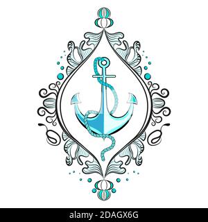 Ancoraggio marino con fune. Nel telaio. Epoca vittoriana, bella cornice. Blu e azzurro. Sfondo bianco isolato. Illustrazione Vettoriale
