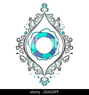 Lifebuoy su una barca, yacht, barca. Epoca vittoriana, bella cornice. Blu e azzurro. Sfondo bianco isolato. Per la stampa e il Web. Illustrazione Vettoriale