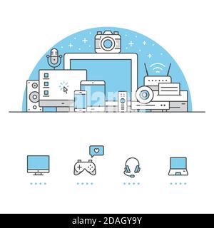 Banner e icone dei dispositivi elettronici con sfondo bianco Foto Stock