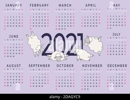Calendario 2021. Modello orizzontale per un anno - 12 mesi. Design - Yoga per animali domestici. Carino divertente Animali di fattoria pecore sono impegnati in meditazione e fitness Illustrazione Vettoriale