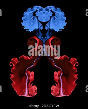 Il calcolatore ha generato il rosso blu astratto simmetrico fluido vernice spruzzi texture Foto Stock