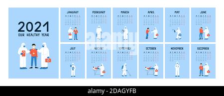 Felice anno nuovo 2021. Modello di calendario A4 con copertina e 12 pagine mensili. La settimana inizia il lunedì. Paziente e medico in tuta bianca Illustrazione Vettoriale