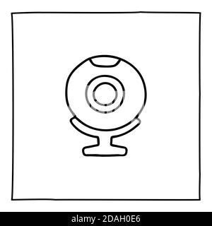 Doodle web cam icona o logo del computer, disegnati a mano con sottile linea nera. Illustrazione Vettoriale