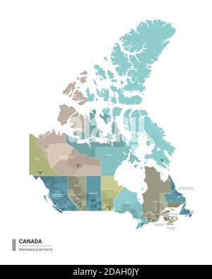 Canada higt Mappa dettagliata con suddivisioni. Mappa amministrativa del Canada con il nome di distretti e città, colorata per stati e distretto amministrativo Illustrazione Vettoriale