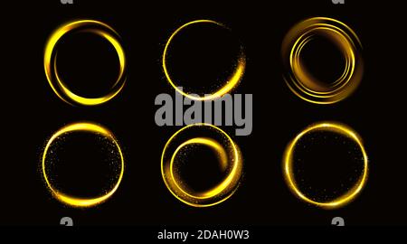 Cerchi in oro con scintille, cornici rotonde dorate, bordi luminosi con glitter o polvere di fata, anelli luminosi, elementi di design fantasy isolati su sfondo nero illustrazione vettoriale 3d realistica, set Illustrazione Vettoriale