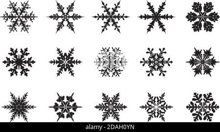 Inverno Set nero isolato fiocco di neve icone. Illustrazione vettoriale. Illustrazione Vettoriale