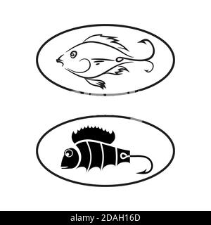Logo di pesce e uncino isolato su sfondo bianco Illustrazione Vettoriale