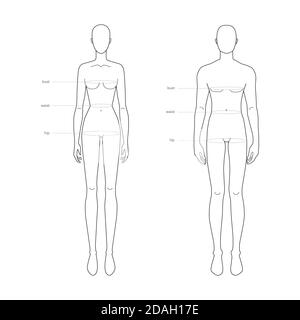 Uomo e donna parti del corpo standard misurazioni terminologiche Illustrazione per abbigliamento e accessori produzione moda 9 testa maschile e femminile tabella delle dimensioni. Modello infografico del corpo umano Illustrazione Vettoriale