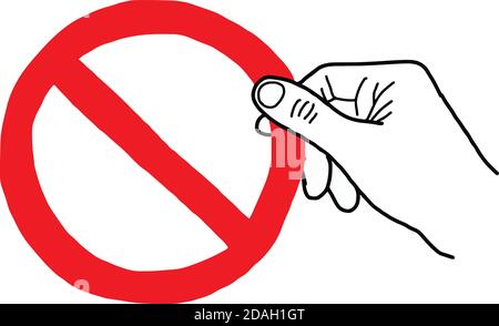 illustrazione del vettore doodle mano disegnata di mano di schizzo che tiene il segno rosso di divieto. Illustrazione Vettoriale