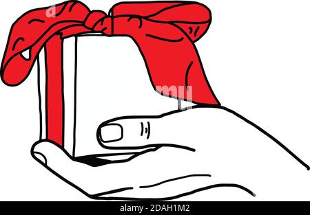 Illustrazione vettore mano tirato doodle di mano che tiene un regalo scatola con arco rosso Illustrazione Vettoriale