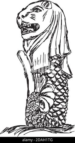 Illustrazione vettore doodle mano disegnata di schizzo Singapore Merlion, Singapore isolato su bianco Illustrazione Vettoriale