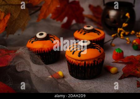 I cupcakes di Halloween Spider ricoperti di fondante arancione, fuoco selettivo Foto Stock