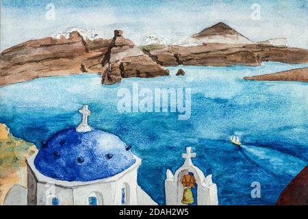 Tipica cupola blu e campana dalla chiesa ortodossa sull'isola di Santorini. Un'isola vulcanica nel Mar Egeo, Grecia meridionale. Pittura acquerello. Foto Stock