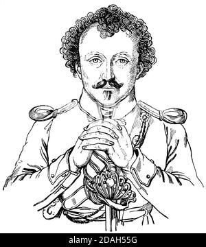 Ritratto di Friedrich de la Motte Fouque - scrittore tedesco di stile romantico. Illustrazione del 19 ° secolo. Sfondo bianco. Foto Stock